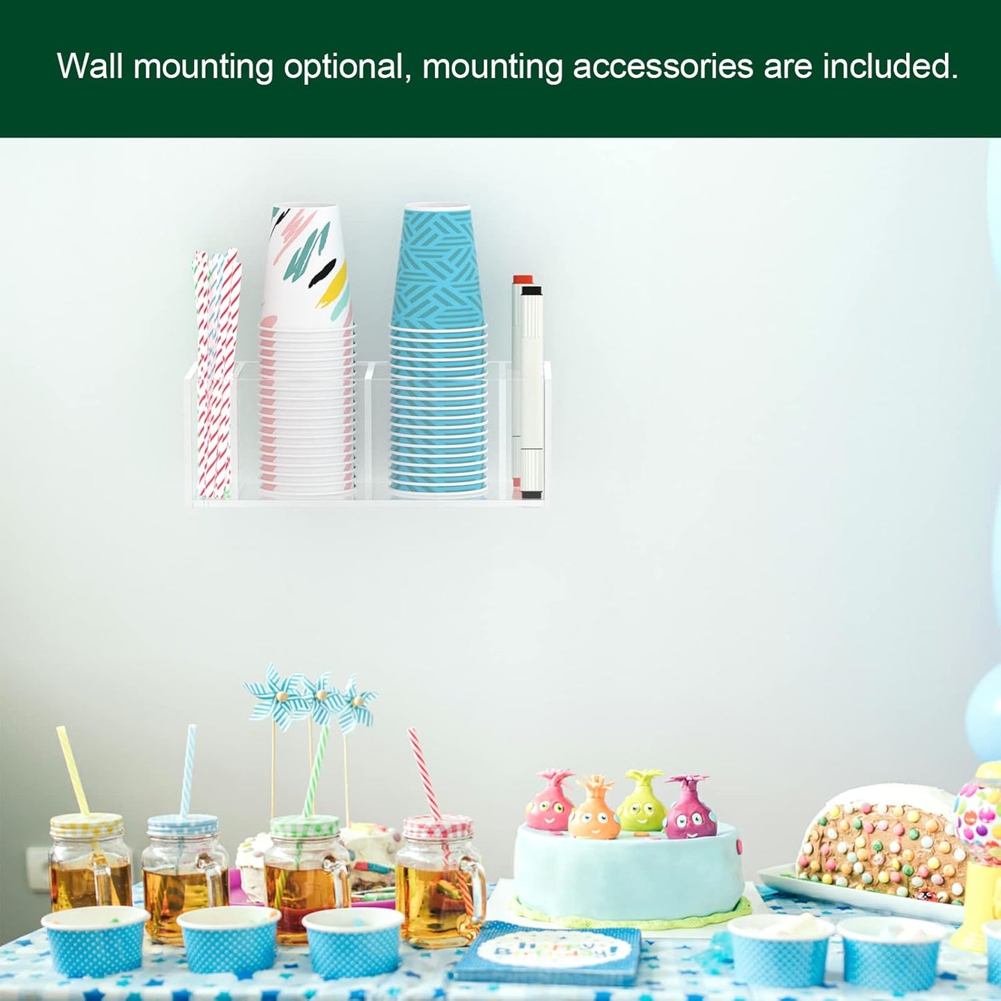 Double Cup Holder with Marker Slot, Party Cup Dispenser Acrylic Cup Organizer Mark Your Cup and Drink Up Caddy Modern Bar Counter Decor, Clear