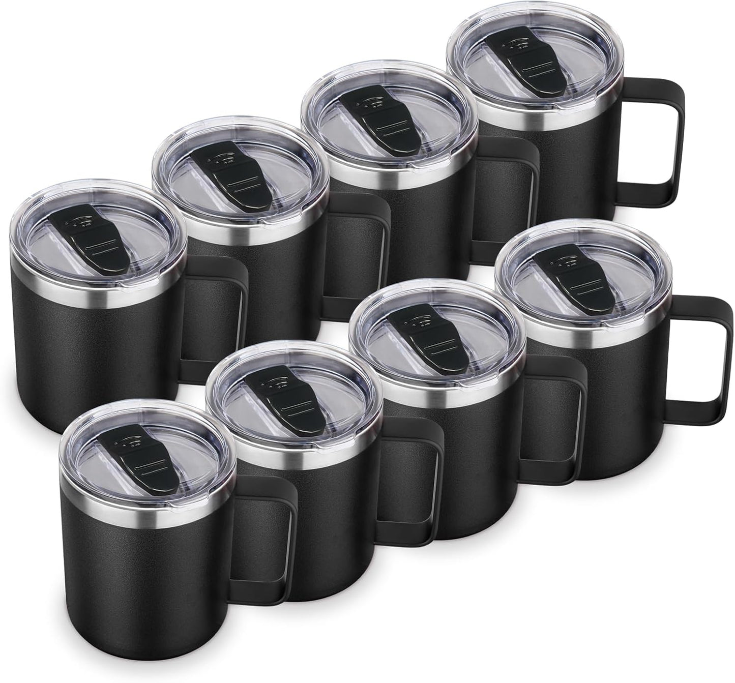 Volhoply 14oz Insulated Stainless Steel Coffee Mug with Lid Bulk 8 Pack,Double Wall Vacuum Travel Coffee Cup with Handle,Reusable Metal Cups Tumbler,Camping Mugs Keep Hot,Ideal Gifts(Black,8)