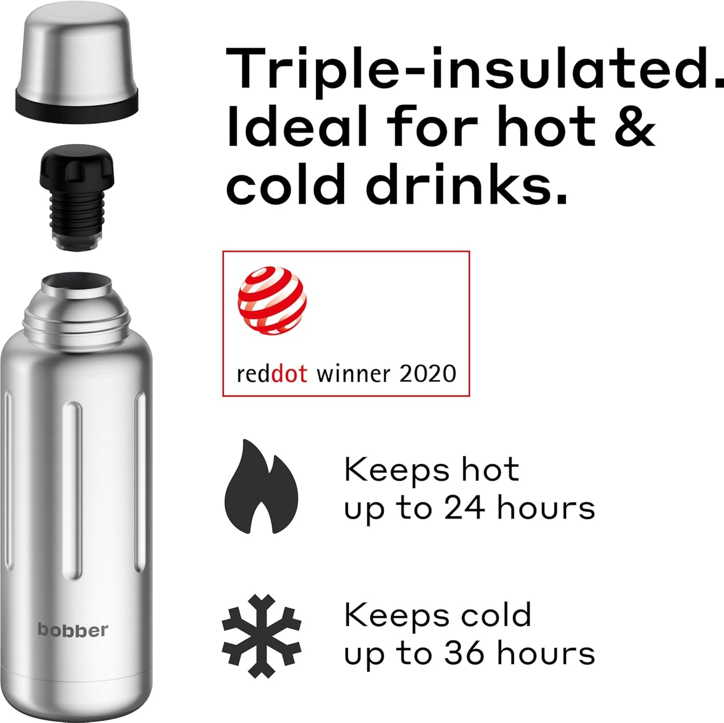 BOBBER 16 oz Vacuum Insulated Stainless Steel Water Bottle with Cup Lid – Dishwasher Safe – Keeps Drinks Hot for 24 Hours and Cold for 36 Hours – Triple Walled Coffee Thermos for Hot Drinks (Matte)