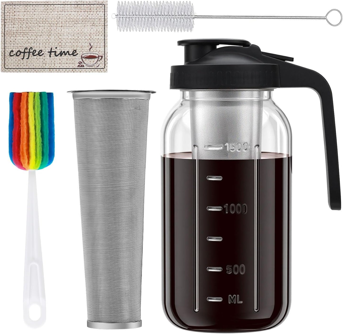 Cold Brew Coffee Maker Pitcher, 64oz Iced Coffee Tea Pitcher for Fridge with Stainless Steel Filter, 1/2 Gallon Glass Mason Jar Cold Brew Maker with Pour Spout Lid, Drying Mat, 2 Brushes, Leak-Proof