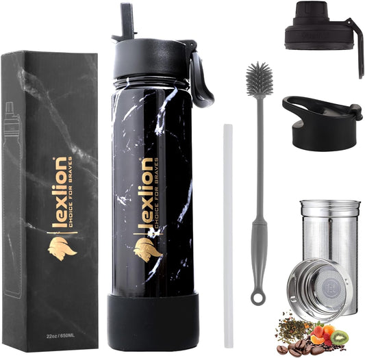 lexlion Tea Infuser Bottle - Fruit Infuser Water Bottles 22 Oz, Triple Walled Insulated Stainless Steel Bottle, Thermal Leaf Infuser, Silicone Sleeve, 3 Lids Leakproof, Metal Mug Gallon