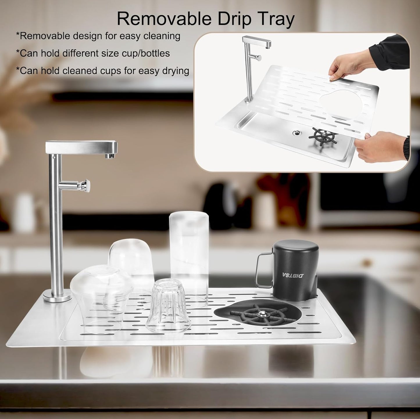 DIBTSA Pitcher Rinser, Stainless Steel Countertop Glass Rinser Cup Washer Sink with Side Spray,Drip Tray for Home Cafe Restaurant