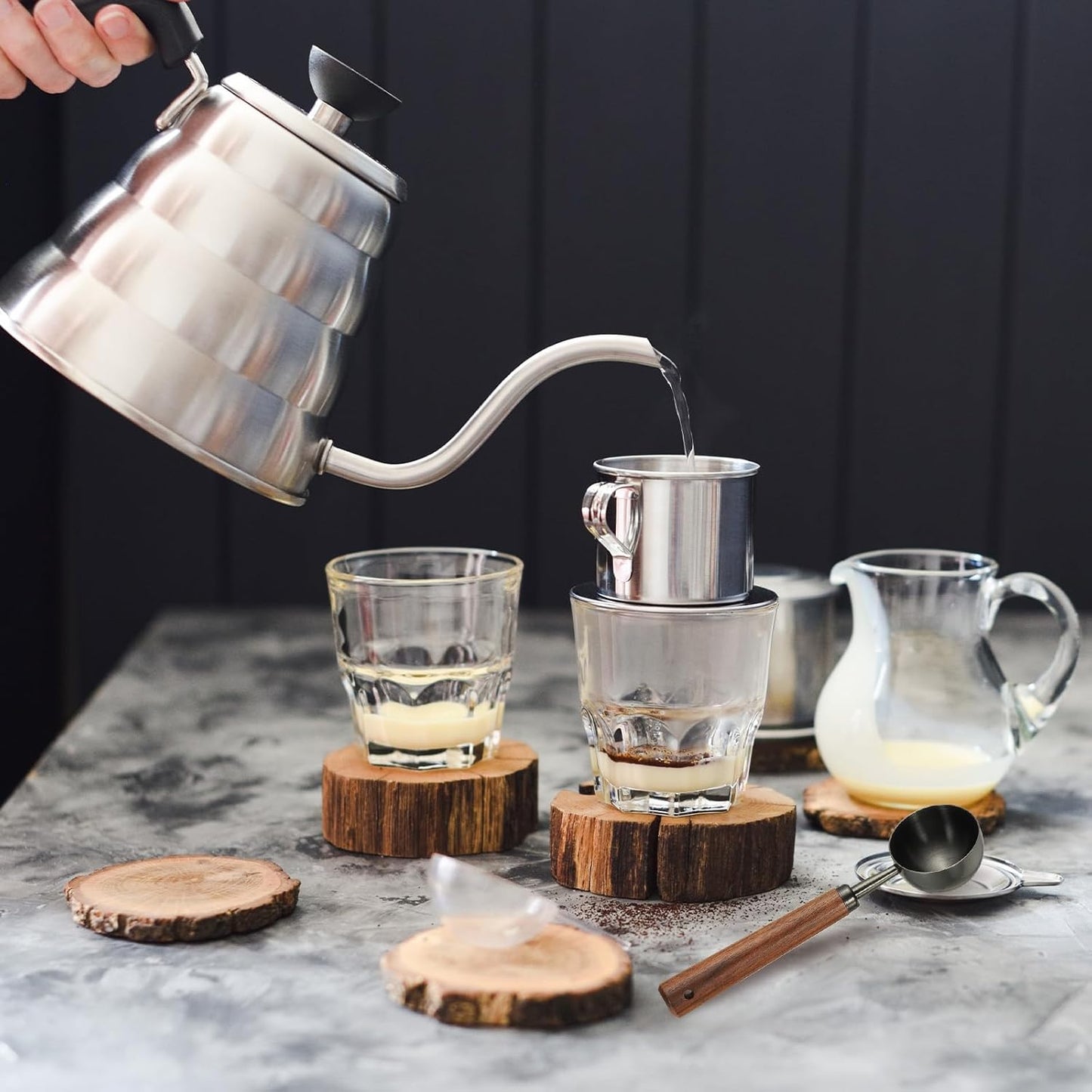 uxcell 2pcs Coffee Measuring Spoon, 4" x 0.8" 15ml Stainless Steel Coffee Scoop with Wood Handle for Ground Coffee or Loose Leaf Tea Black