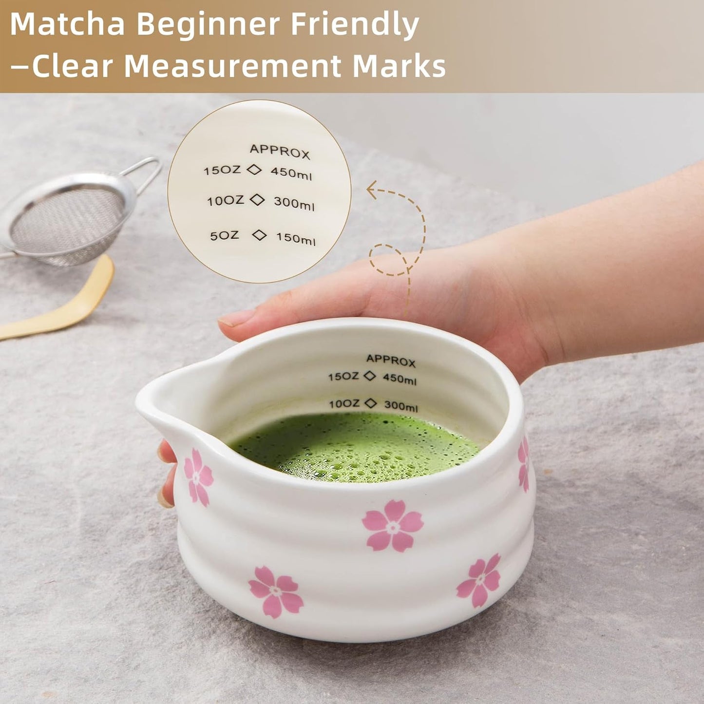 2pcs Matcha Bowl with Whisk Holder, Ceramic Cherry Blossom Matcha Bowl with Spout, 16.5OZ Porcelain Bowl with Measurement Marks,Tea Mixing Bowl with Whisk Stand, Matcha Gift (sakura)