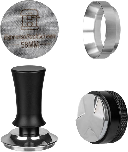 58mm Espresso Tamper Set - Spring-loaded Coffee Tamper, Adjustable Depth Espresso Distributor Leveler, Magnetic Dosing Funnel Aluminum Metal, Reusable Puck Screen, Fit for 58mm Portafilters