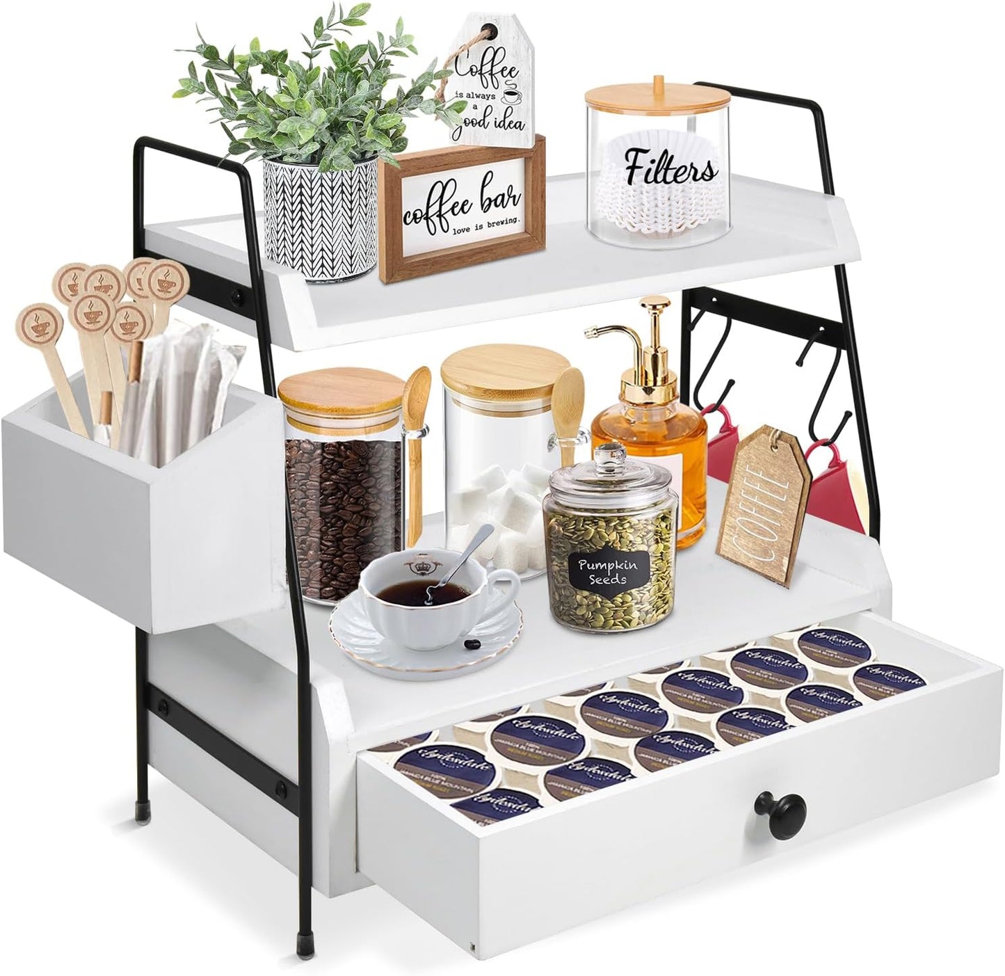 Coffee Bar Accessories and Organizer Countertop, Coffee Station Organizer Kitchen Counter Shelf Organizer, Coffee Condiment Storage, Cup Lid Holder Countertop Shelf for Bathroom