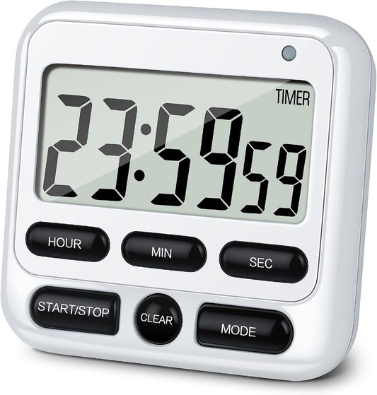 KTKUDY Digital Kitchen Timer with Mute/Loud Alarm Switch ON/Off Switch, 24 Hour Clock & Alarm, Memory Function Count Up & Count Down for Kids Teachers Cooking, Large LCD Display, Strong Magnet (White)