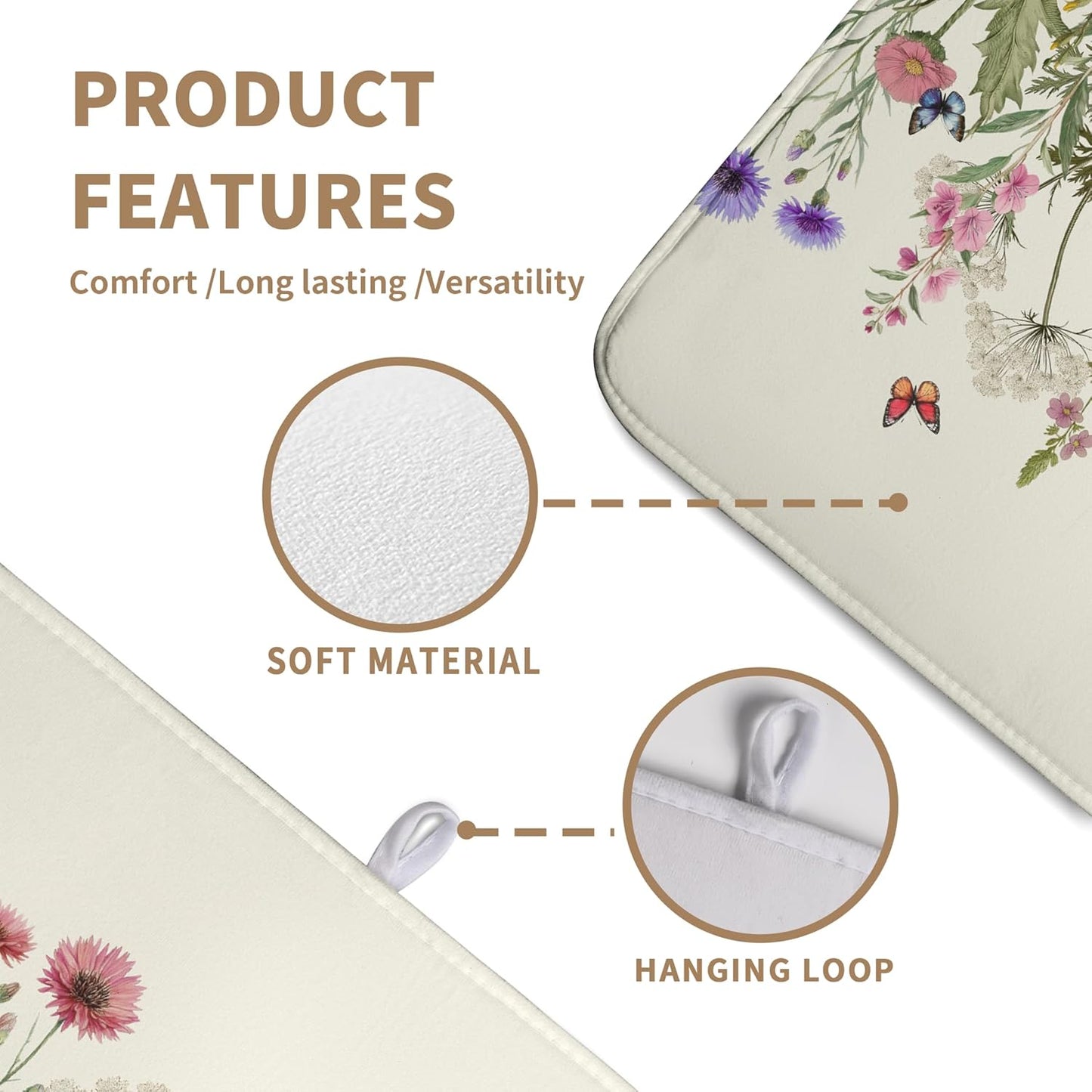 Spring Dish Drying Mat Summer Floral Flowers Kitchen Dish Drying Pad Absorbent Dish Dryer Mat for Kitchen Countertops Microfiber Dishes Drainer Pad Dish Drying Rack Mat (18x24 in)