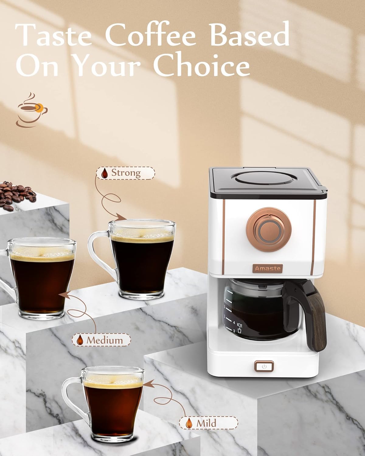 Amaste Retro Style Coffee Machine with 25 Oz Glass Coffee Pot, Reusable Coffee Filter & Three Brewing Modes, 30minute-warm-keeping, Elegant White with Rose Gold