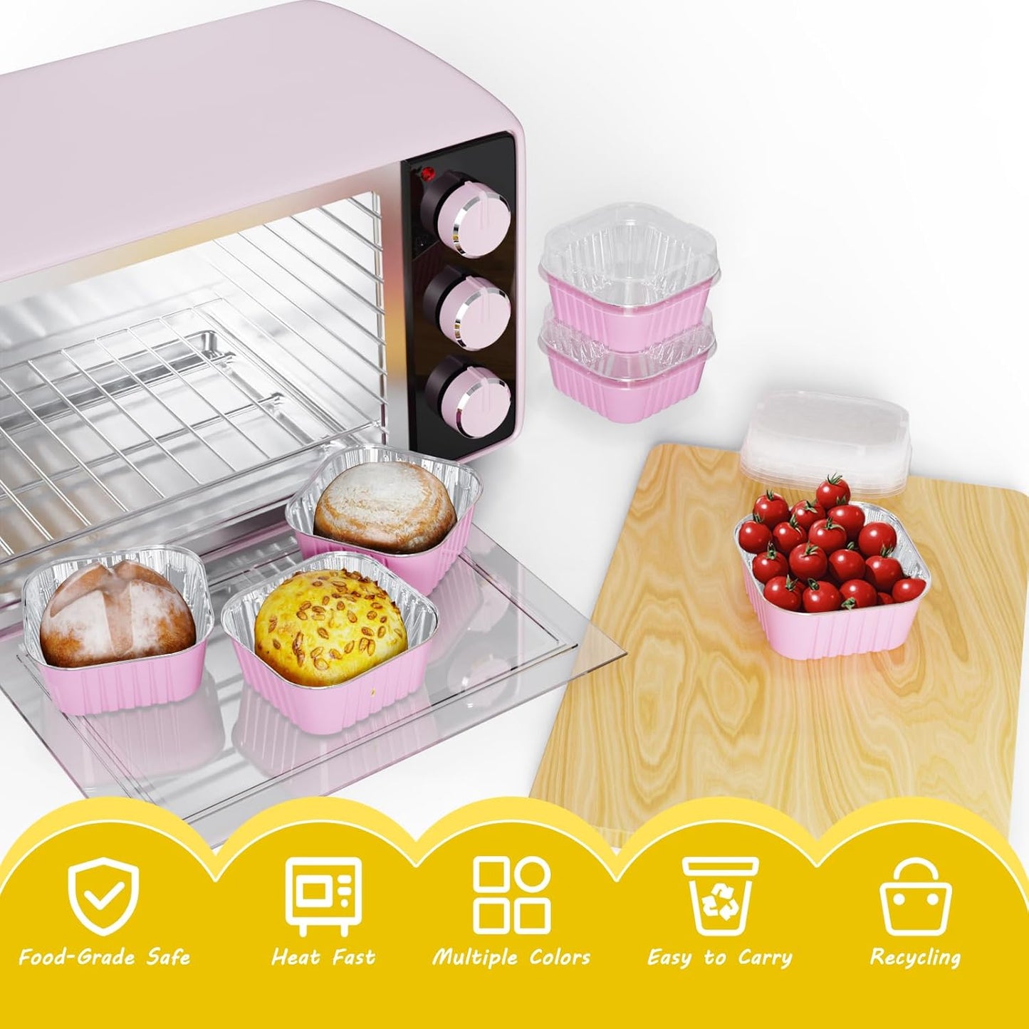 25 Pack Square Mini Cake Pans with Lids,Mini Loaf Pans with Lids,Aluminum Foil Baking Cups,Disposable Ramekins Cupcake Cups,Dessert Cups for Wedding Birthday Party Picnics,5oz (Pink)