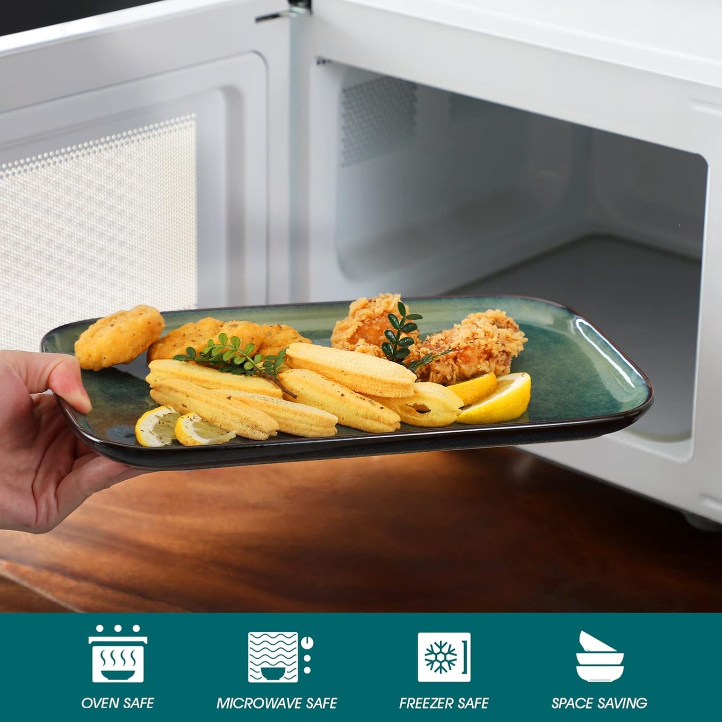 vancasso Stern Serving Platters Set of 4, 11 Inches Rectangular Ceramic Serving Plates, Green Serving Trays for Entertaining