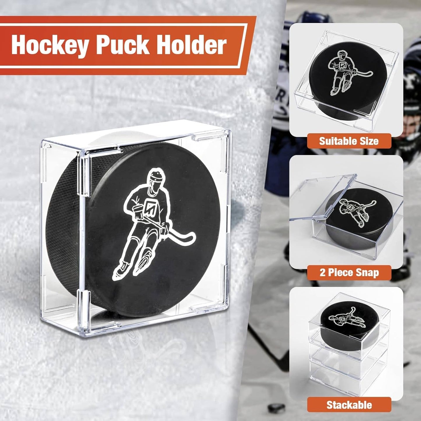 Cube Square Hockey Puck Display Cases - 6-Count Holder, 2-Piece Snap Clear Hockey Puck Display Boxes