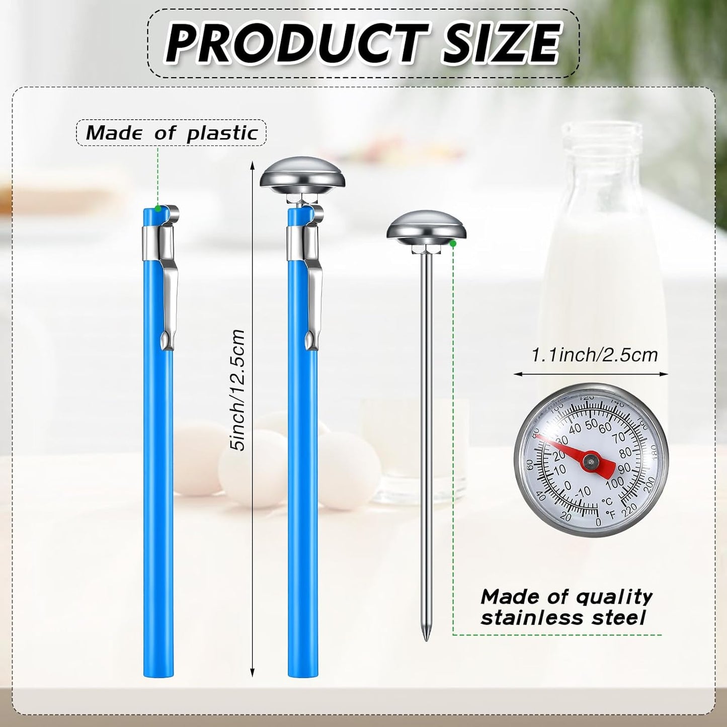 Xuhal 6 Pcs Stainless Steel Kitchen Thermometers with 5 Inch Long Stem 1 Inch Dial Milk Frothing Food Thermometer for Oven Probe Meat Grill BBQ Cooking Chocolate Water (Blue)