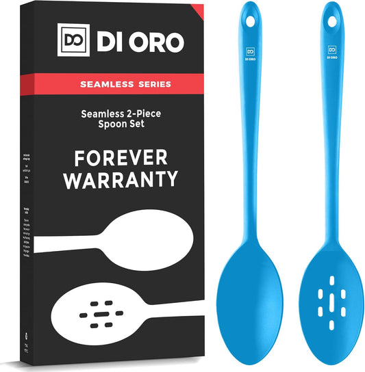 DI ORO Silicone Mixing & Serving Spoons - Large Heat-Resistant Non Stick Utensils Big Solid & Slotted Basting Spoons - Dishwasher Safe (2pc, Blue)