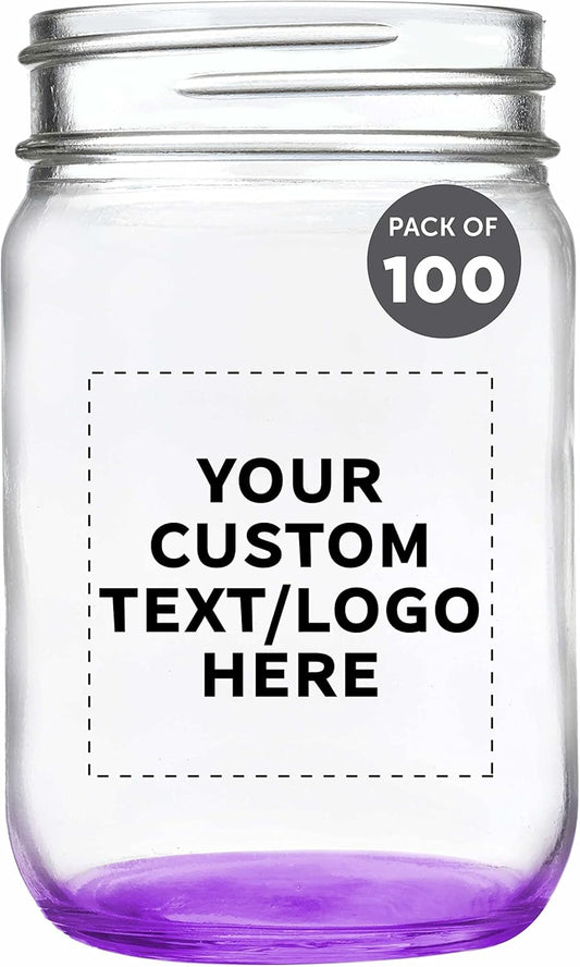 DISCOUNT PROMOS Custom Decorating Mason Jars 12 oz. Set of 100, Personalized Bulk Pack - Glass Jars for Overnight Oats, Candies, Fruits, Pickles, Spices, Beverages - Purple