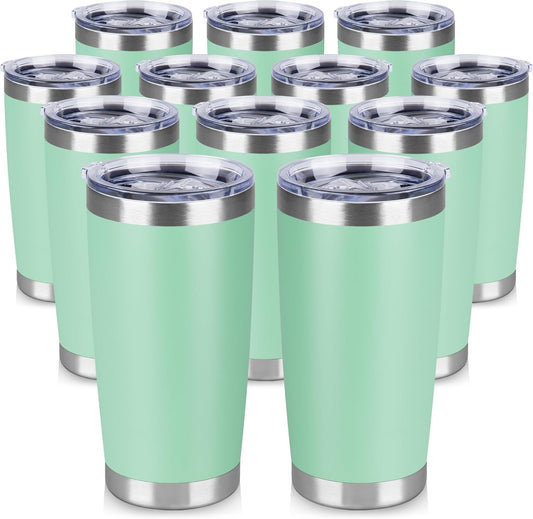 20 oz Tumbler Stainless Steel Tumblers Bulk with Lid Double Wall Insulated Coffee Tumbler Cups for Hot & Cold Drinks Powder Coated Travel Coffee Tumbler Mug Metal (Jade, 12 pack)
