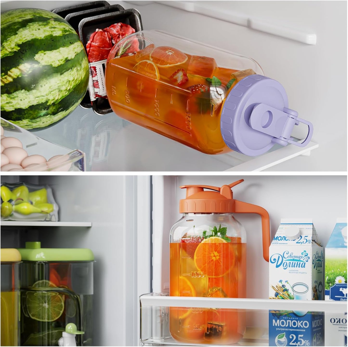 Glass Mason Jar Pitcher, 64 oz Wide Mouth Jug with Pour Spout Handle Lid for Cold Brew Coffee, Ice Beverage, Iced Juice, Lemonade, Sun Tea, Fruit Drinks Container（Orange）