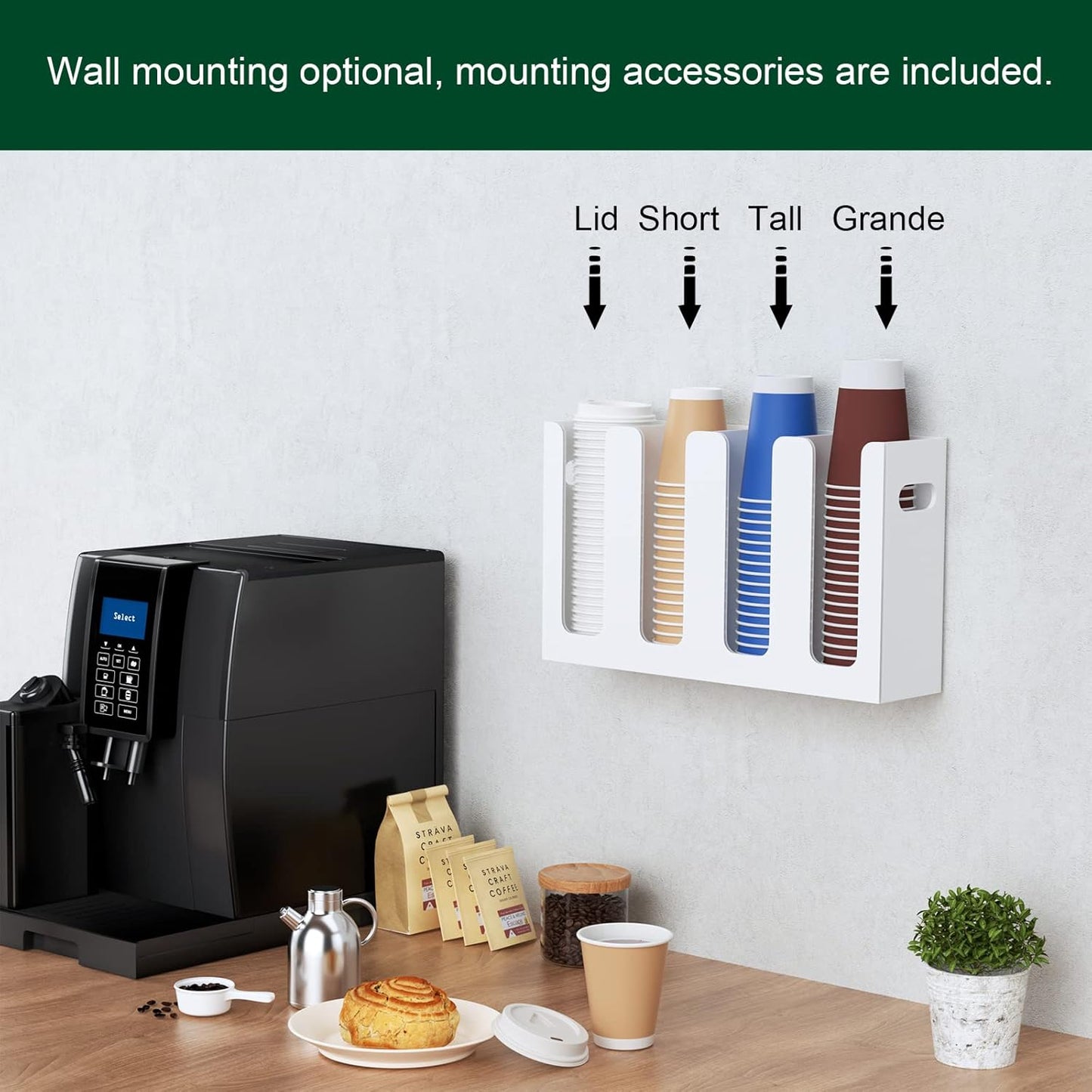 Disposable Coffee Cup Dispenser with Handles, Countertop or Wall Mount Hot/Cold Drink Cup and Lid Holder - Bathroom/Kitchen/Office Acrylic Cup Lid Storage Organizer (4 Compartments, White)
