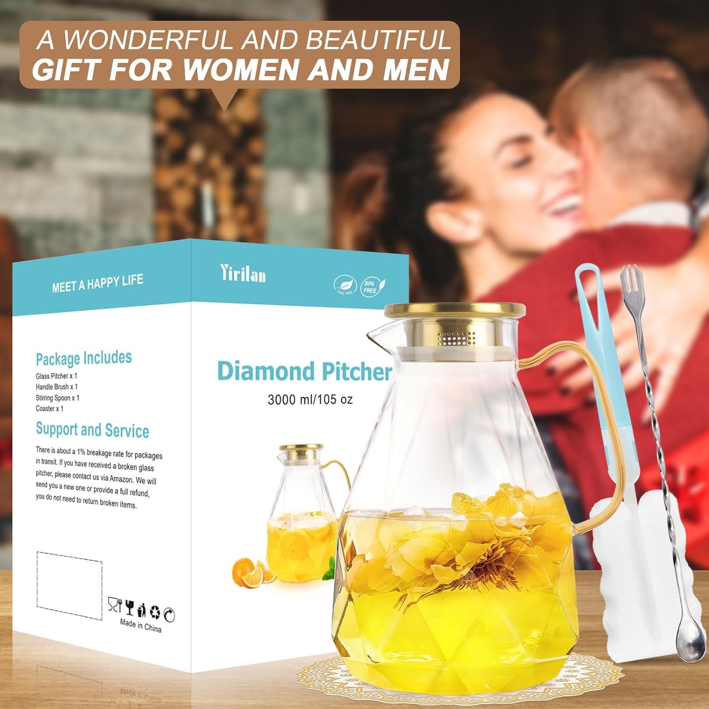 Yirilan Glass Pitcher, 3 Liter Water Carafe With Lid, Iced Tea Pitcher for Fridge