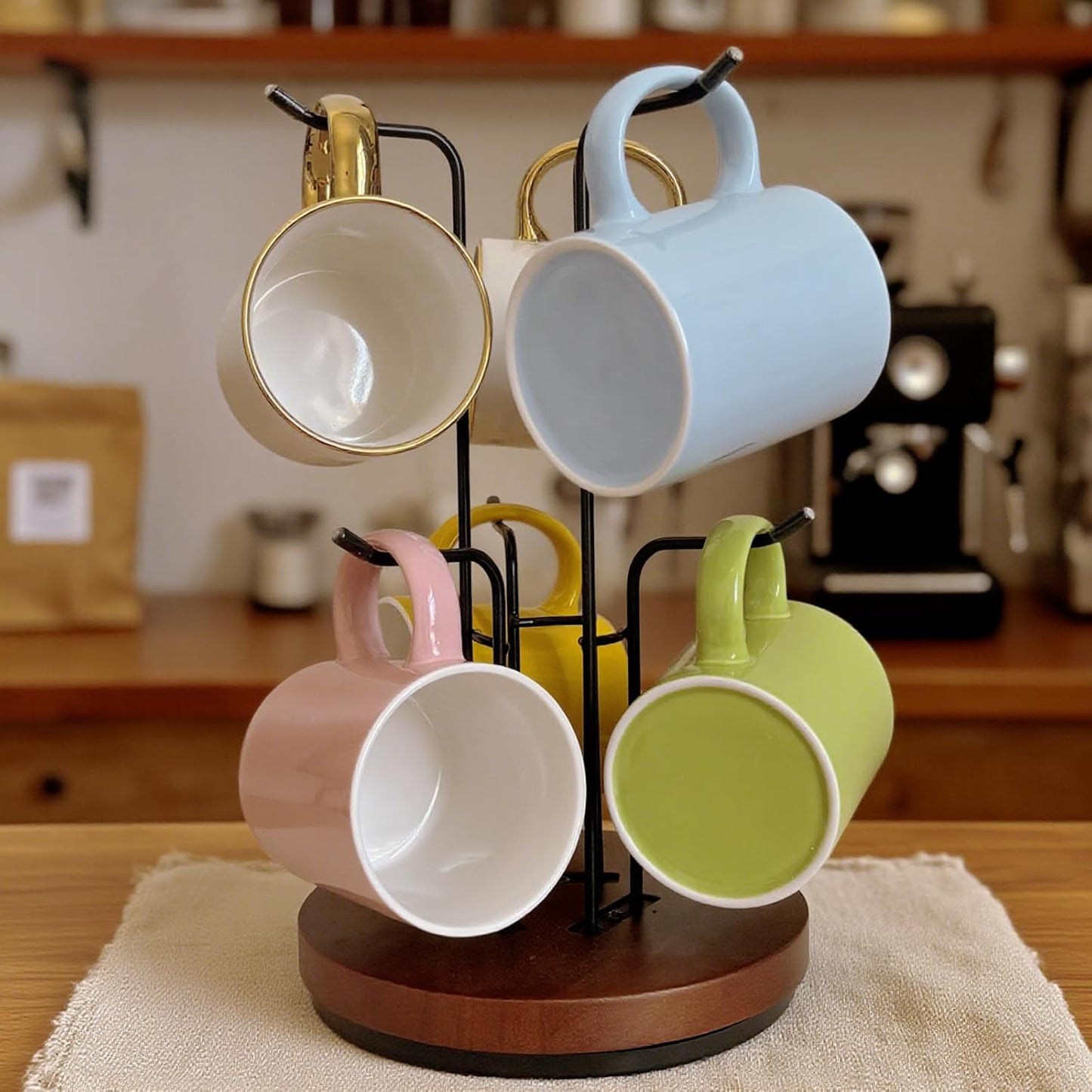 Mug Holder Tree,360° Rotated 6 Hooks Coffee Cup Holder for Large Cups,Metal Coffee Cup Rack Stand for Countertop with Stable Wooden Base, Kitchen Counter Decor