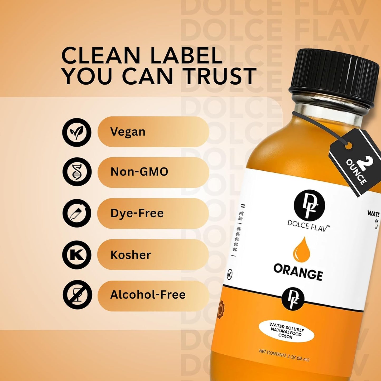 Dolce Flav Natural Orange Food Coloring – 2 oz Bright Plant-Based Liquid Dye | Water-Soluble Color for Baking, Drinks & Desserts | Graduated Dropper Included | No Artificial Dyes | Kosher | Made in USA