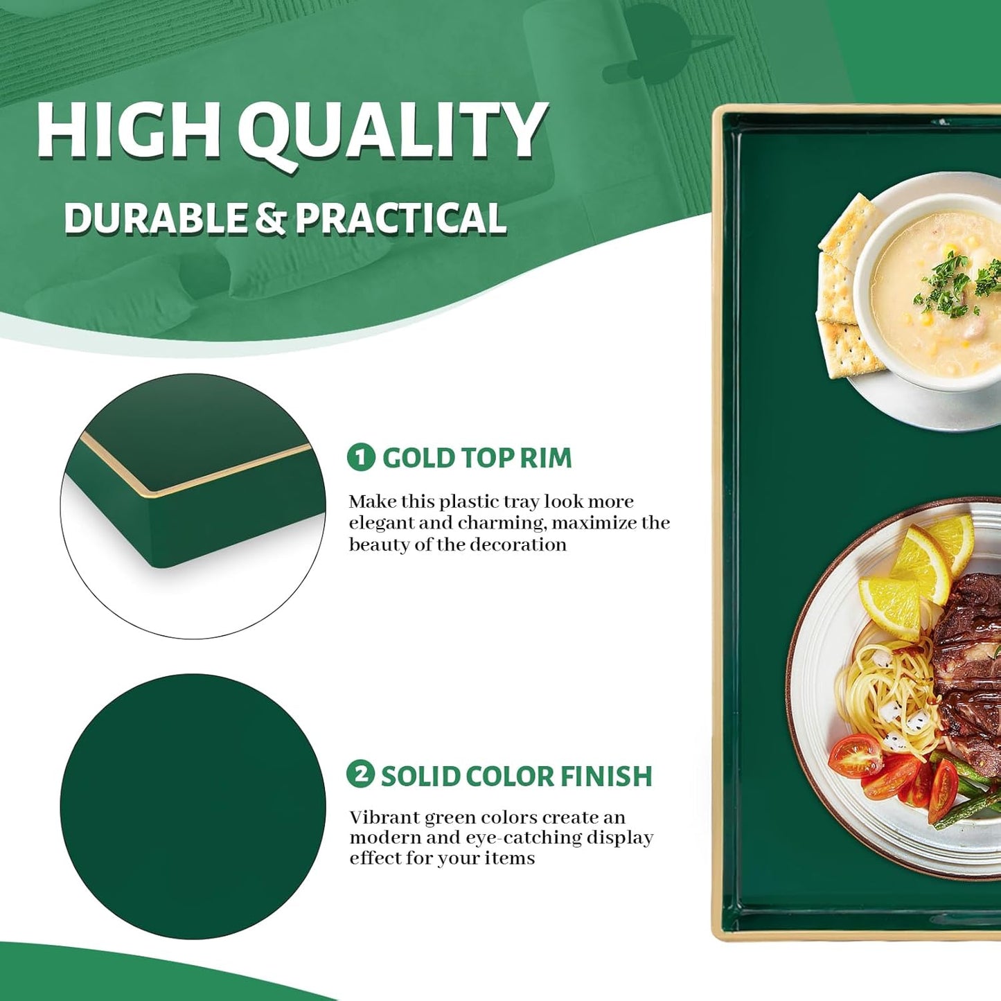 MAONAME Dark Green Decorative Tray, Serving Tray with Handles, Plastic Trays for Coffee Table, Rectangular Trays for Living Room, Bedroom, 15.8" X 10.2" X 1.4"