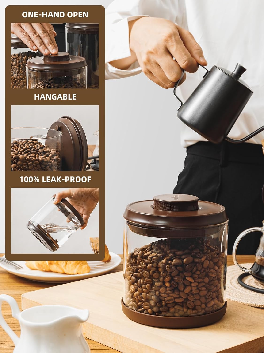 Coffee Canister, 2000ml Borosilicate Glass Airtight Coffee Containers for Ground Coffee with CO2-Release Valve - Large, 21 oz, Brown