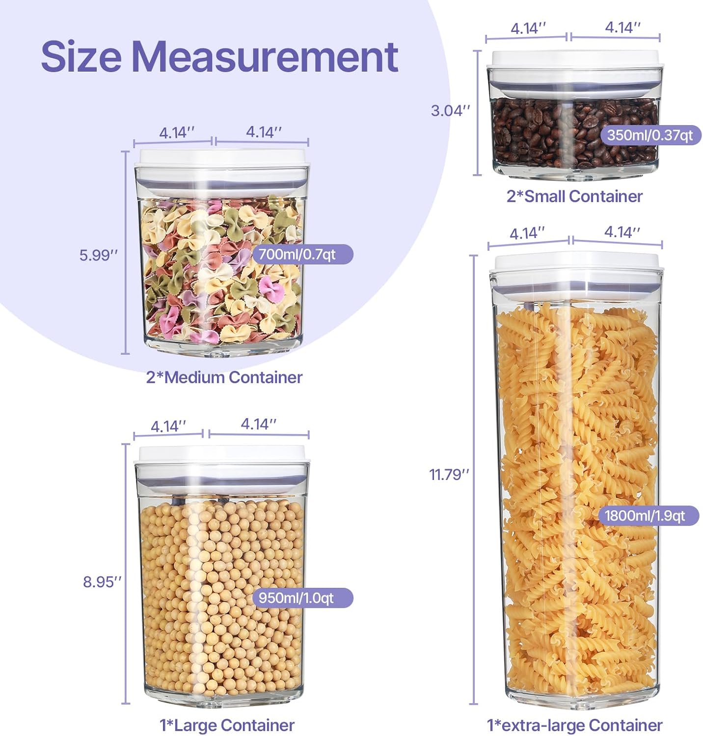 Food Airtight Containers storage with Lids 6 Pack One Button Open/POP UP/Kitchen Storage Organization for Coffee Tea Brown Sugar Cereals 350ml/700ml/950ml/1800ml