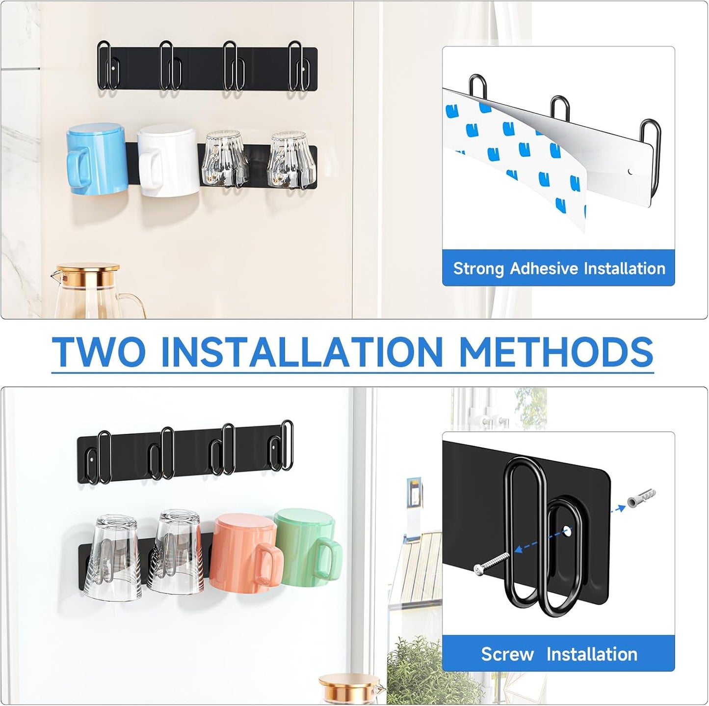 Mug Holder Wall Mounted, 2 Pack Black Coffee Cup Hooks, Metal Mug Rack for Kitchen, Modern Unique Cabinets Cups, Cup Holder Hanging Wall Hanger for Kitchen, Dining Room Coffee Bar