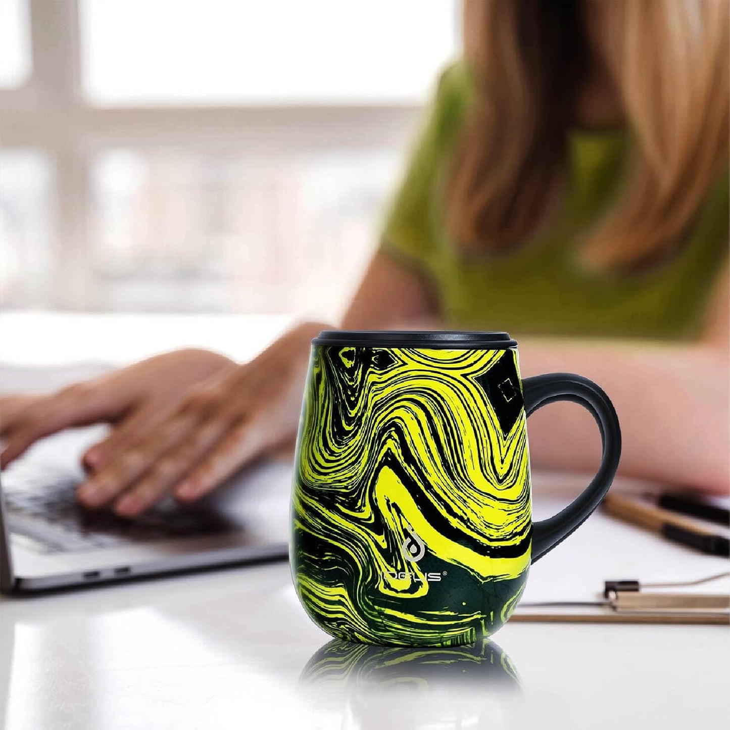 Ideus 16 oz (470 ml) Insulated Coffee Mug with Handle and Lid, Double Wall Stainless Steel Vacuum Thermal Coffee Mug, Travel Coffee Cup Thermal Cup for Home and Office (Yellow Zebra)