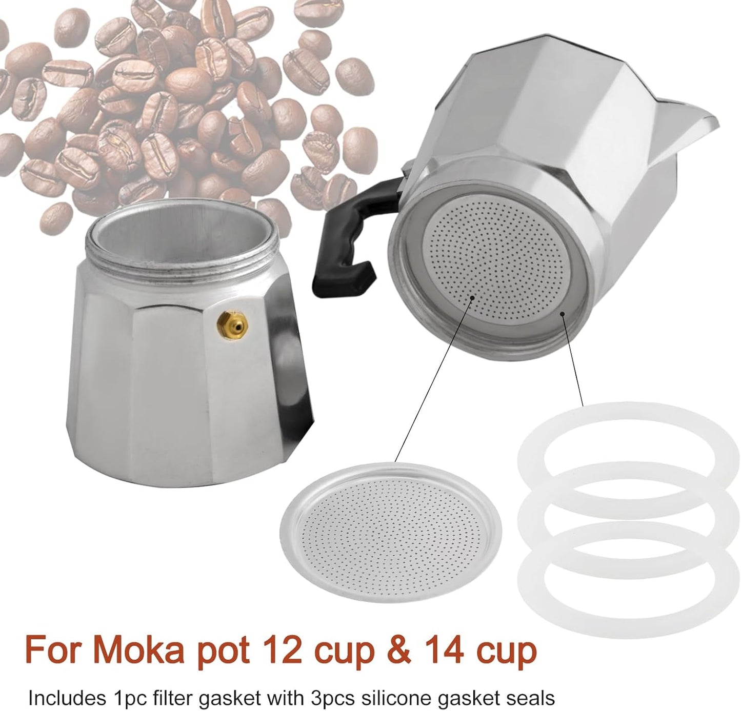 2/3/6/9/12 Cup Gasket & Filter For Stovetop Espresso Coffee Makers, Rubber Seal For Stove Top Coffee Maker Moka Pot, Silicone Gasket Seals, Espresso Machine Replacement Parts(12 cup)