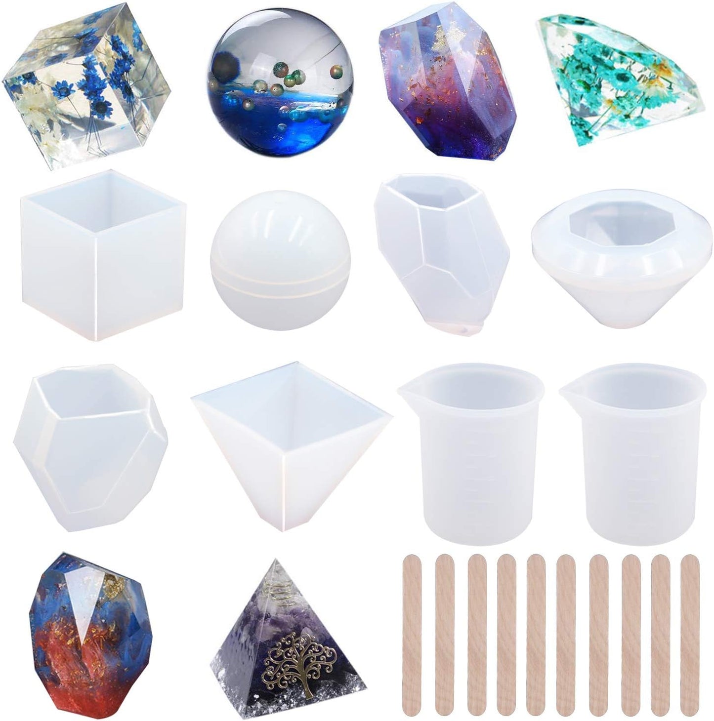 EuTengHao 18Pcs DIY Silicone Resin Casting Molds Tools Set Includes 6 Resin Casting Molds Large Clear Silicone Molds 2 Measurement Cup 10 Wood Sticks for DIY Home Decoration