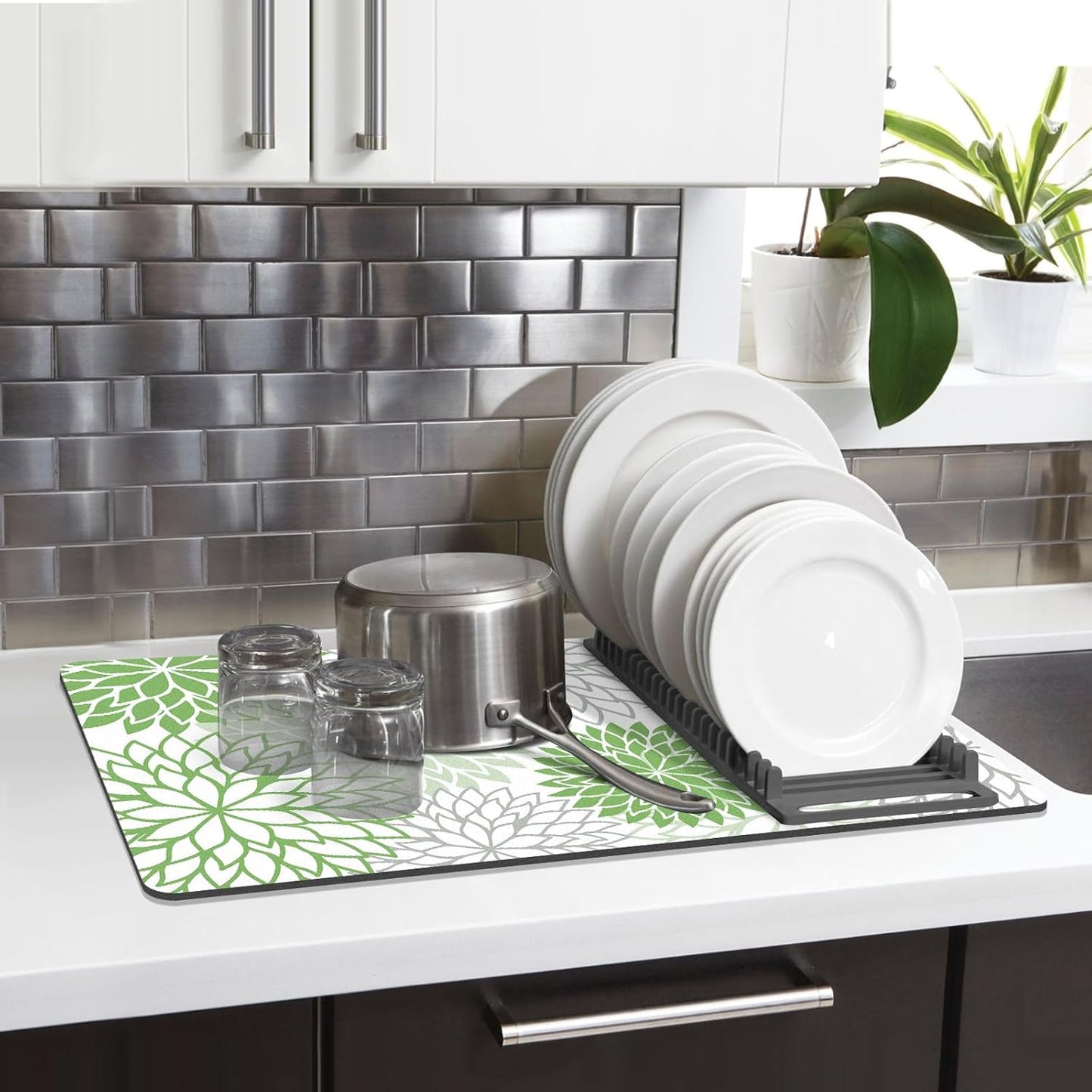 Findosom 2PCS 12" x 20" Dish Drying Mat & 24" x 5.5" Sink Splash Guard, Super Absorbent & Cuttable Dish Mat Drying Kitchen Mat with Green Floral, Hide Stain Drying Mat for Kitchen Counter