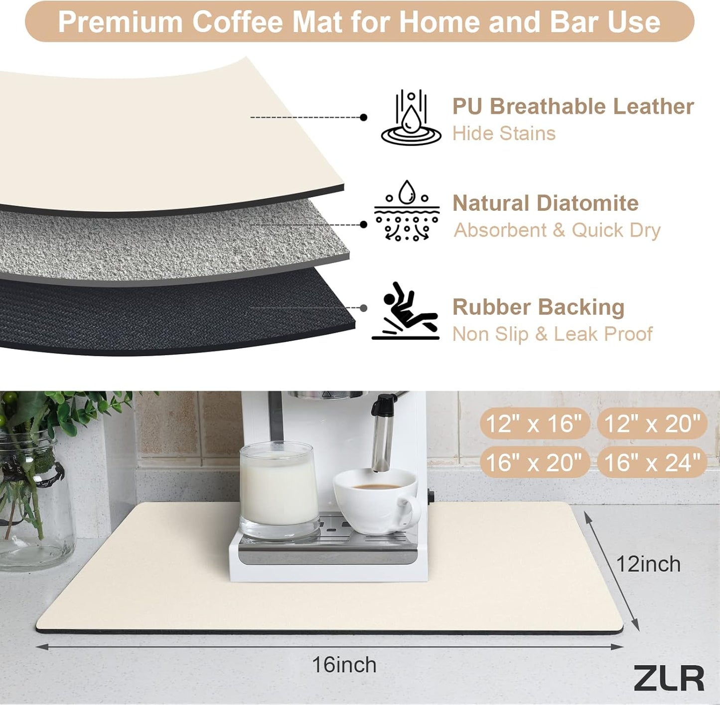 ZLR Coffee Mat - 12" x 16" Small Kitchen Hide Stain Absorbent Dish Drying Mat for Countertop - Easy to Clean Coffee Bar Mat for Espresso Machine and Spill Protection - Creamy