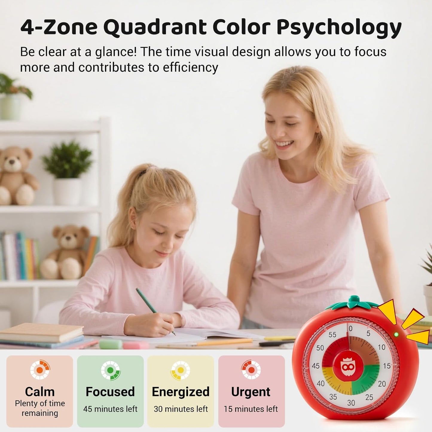 Timer for Kids, 60-Minute Countdown Visual Timer for Classroom Office Kitchen, Desk Timers Kids Time Management Tools for ADHD Focus, 4-Color Zone Pattern Pomodoro Timers