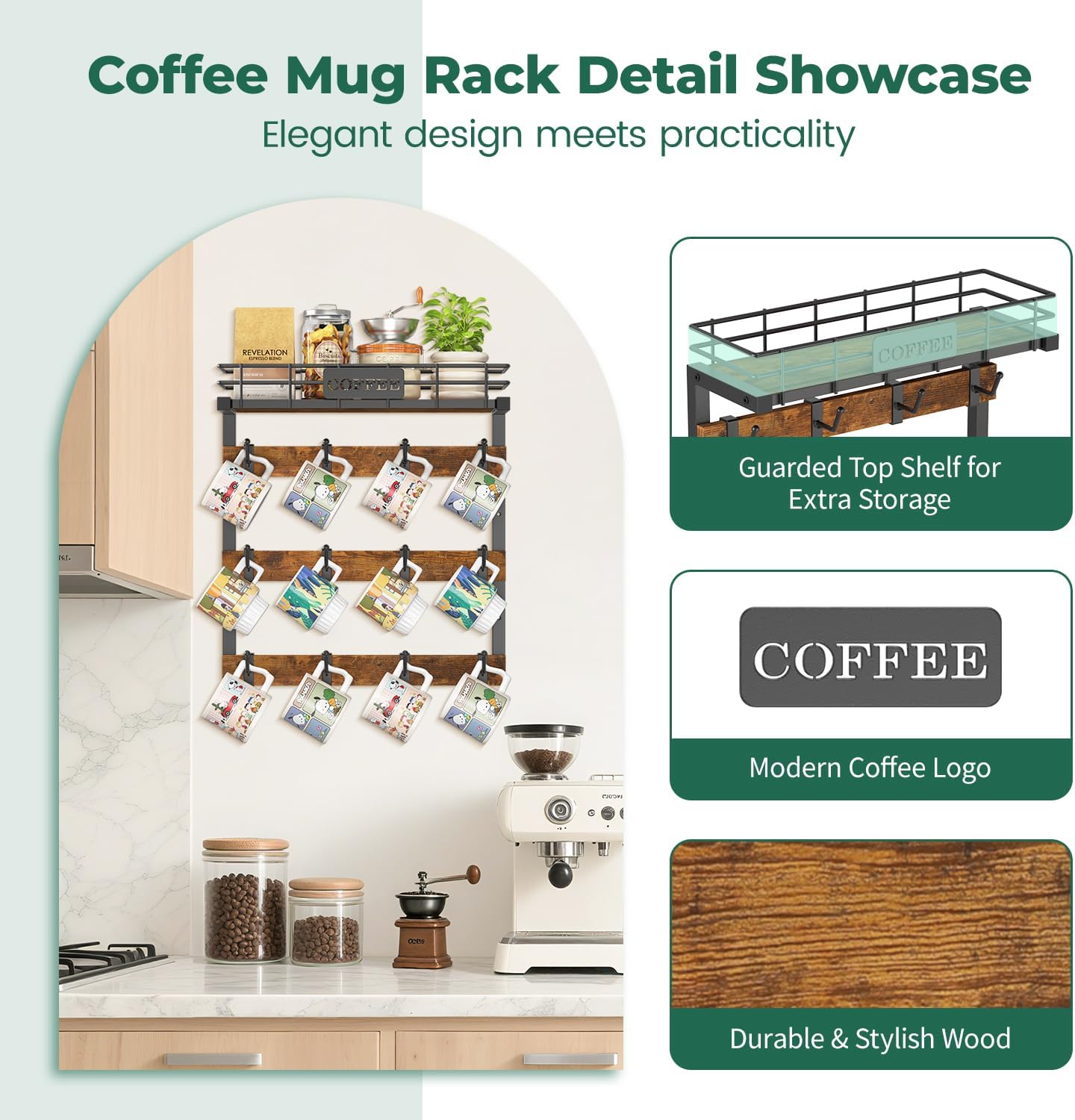 EsLuker.ly Coffee Mug Holder Wall Mounted Display Rack, Black Metal Cup Hanger Organizer with 12 Movable Plastic Hooks, Wood Rustic Shelf for Coffee Bar Home Kitchen, Thoughtful Wall Storage