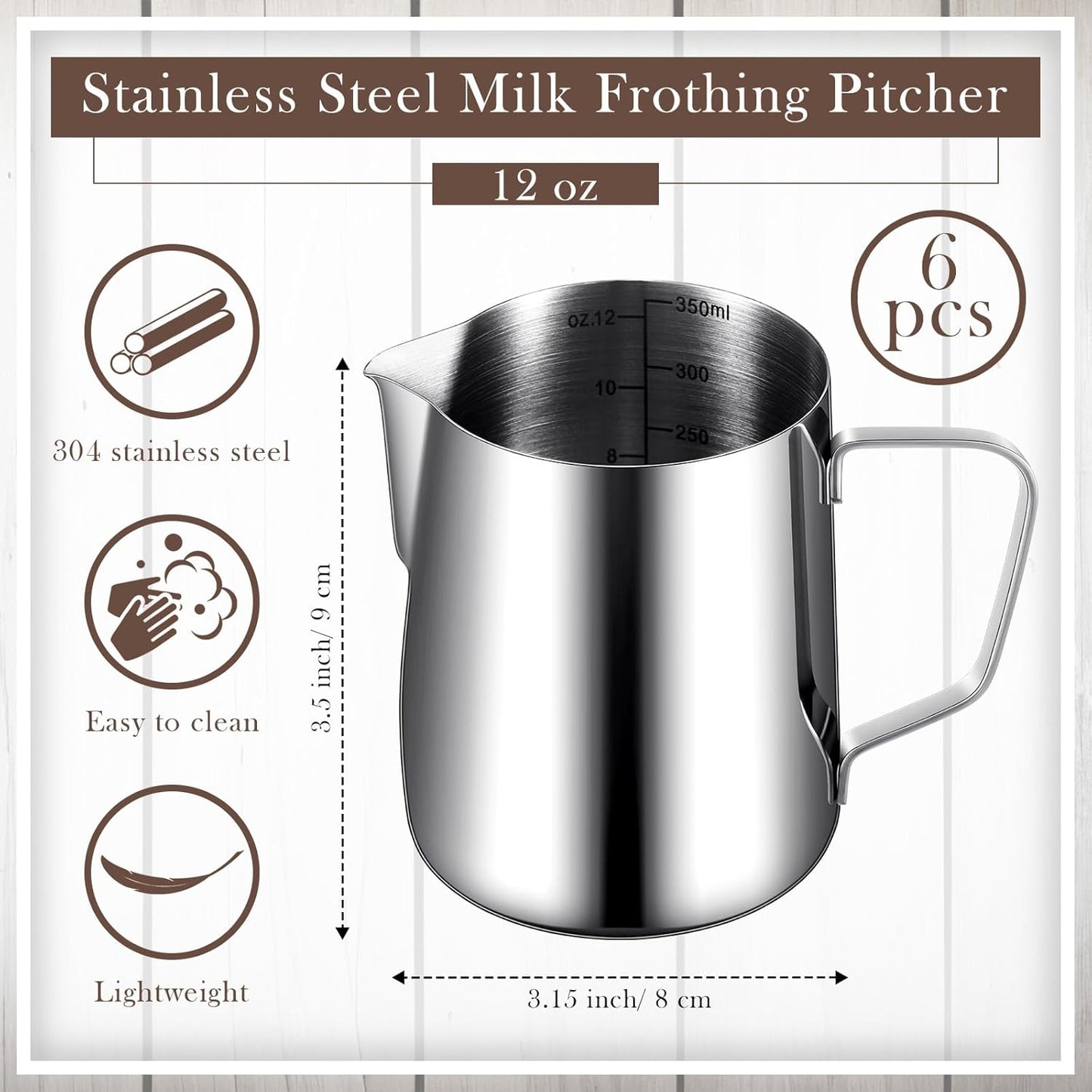 Dandat 6 Pcs Milk Frothing Pitcher Espresso Steaming Pitchers 12 Oz Stainless Steel Milk Steamer Cup Frother Jug for Espresso, Latte Art, Chai Cappuccino Hot Chocolate