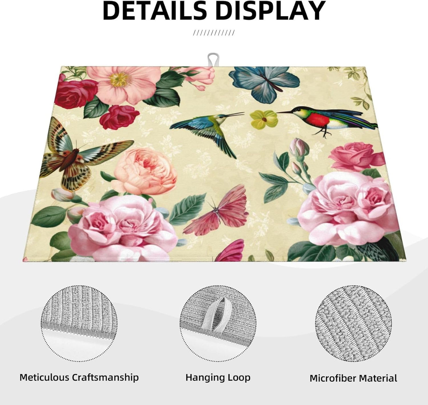 Large Dish Drying Mats For Kitchen Counter Microfiber Kitchen Drying Mat XL Draining Pad Absorbent Quick Drying Dish Mat 18x24 Inch - Birds Floral