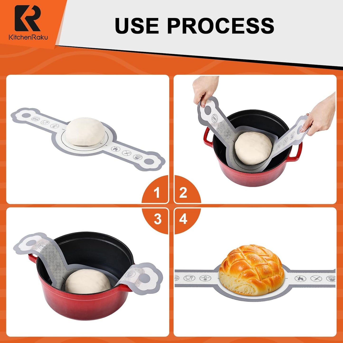 Cook's Aid 2 Pcs Silicone Bread Sling for Dutch Oven, Non-Stick Bread Baking Mat Set, Reusable Sourdough Bread Sling with Long Handles for Easier Transfer for Dough