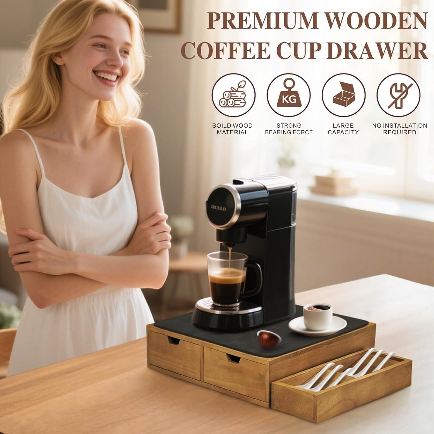 Mosucoirl Wooden K Cup Holder Organizer,Coffee Cup Drawer With Coffee Mat Coffee Pod Holder Tea Bag Storage Organizer Counter Coffee Maker Stand for Kitchen Office Coffee Bars