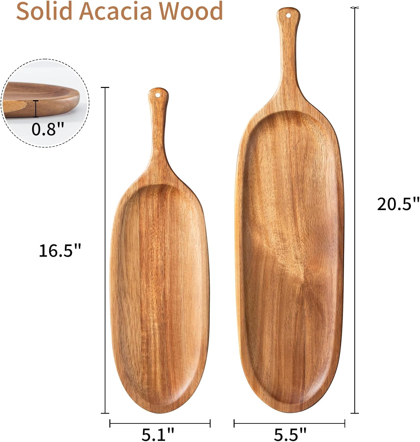 2PCS Wooden Tray Wood Serving Tray with Handle Large Serving Plates Acacia Solid Wood Appetizer Plates Multi-Use Oval Acacia Plates for Appetizer for Snack(Large 20.5“ and 16.5"
