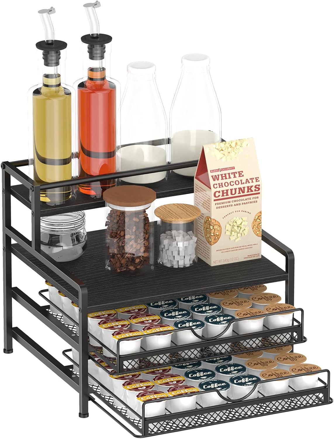 Coffee Bar Organizer, Coffee Pod Organizer,3 Tier Coffee Syrup Rack Organizer,72 K Cup Storage for Counter Storing K Cup,Coffee Syrups, Coffee Makers and Other Coffee Supplies-Black