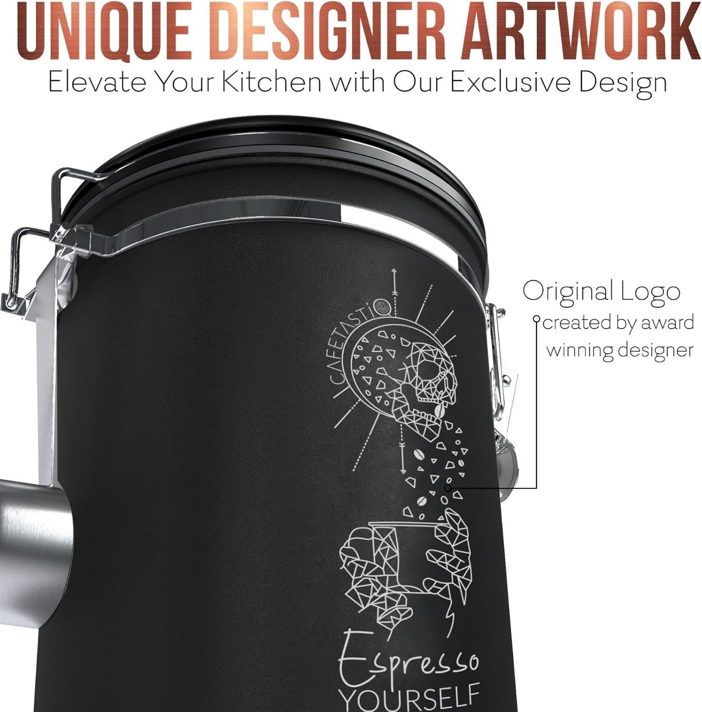 Large Coffee Canister – Airtight Stainless Steel Storage Container with Date Tracker & Scoop, Sealed Jar for Grounds, Beans, Tea, Flour, Cereal, and Sugar (Black Esspresso, 38OZ)