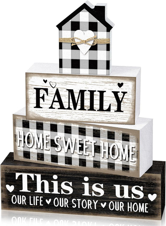 Farmhouse Wooden Tabletop Decor Rustic Home Sweet Home Table Centerpieces This Is Us Block Sign Black and White Buffalo Plaid Table Decor for Kitchen Shelf Desk Mantel Tiered Tray Decoration
