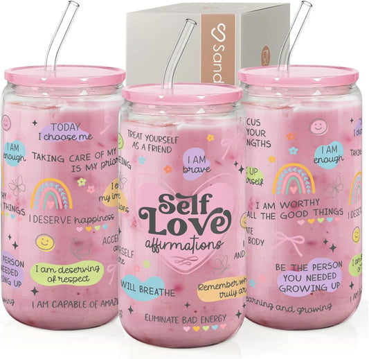 SANDJEST Inspiration Glass Can, Self Love Iced Coffee Aesthetic Cup, Gifts for Christmas Birthday, Gift for Women Girls, 16oz