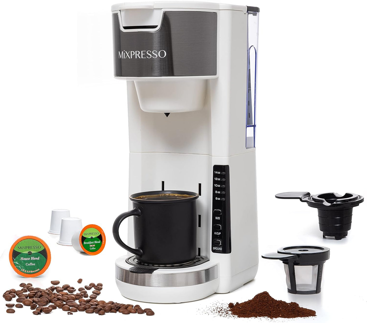 Mixpresso White Single Serve Coffee Brewer K-Cup Pods Compatible & Ground, 30 oz Compact Coffee Maker Single Serve With 5 Brew Sizes Up To 14 Oz, Fits Travel Mug, Adjustable Drip Tray