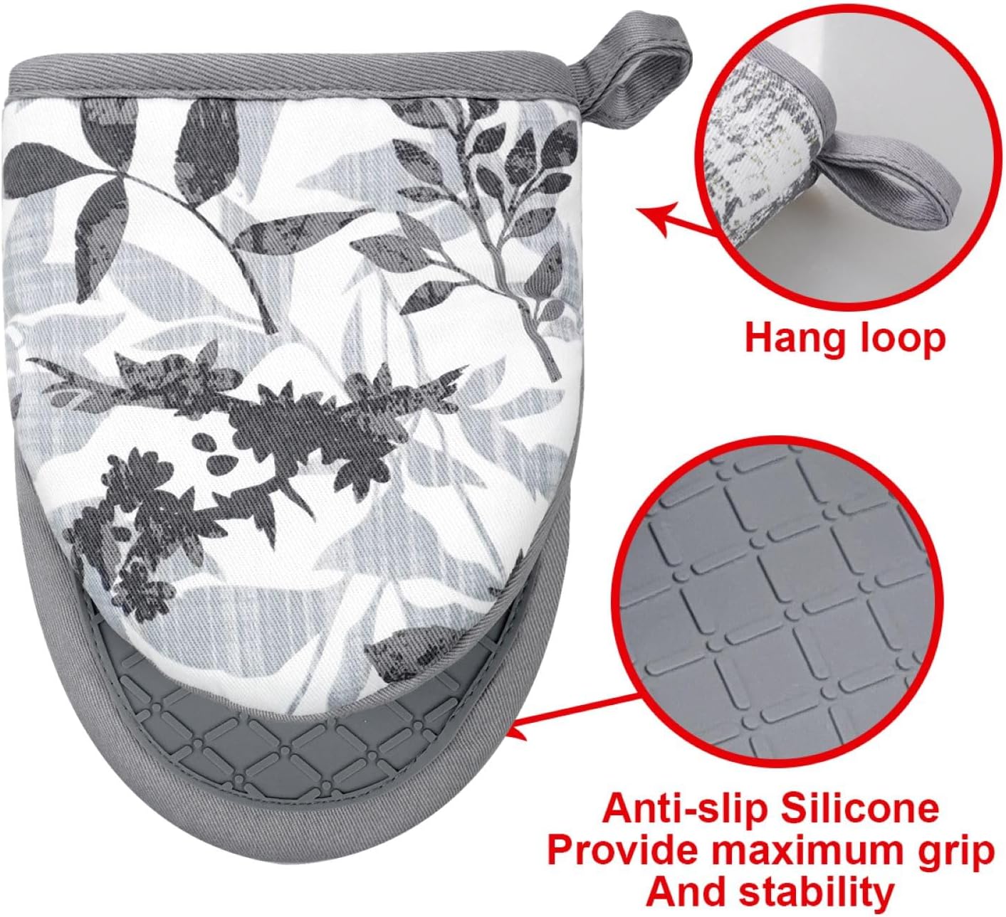 Mini Silicone Oven Mitts, Heat and Slip Resistant Kitchen Mittens 2-Pack Set, Foliage Flower Soft Short Oven Gloves, Flexible Thick Pot Holders for Safe Cooking Baking and Grilling (Grayish)