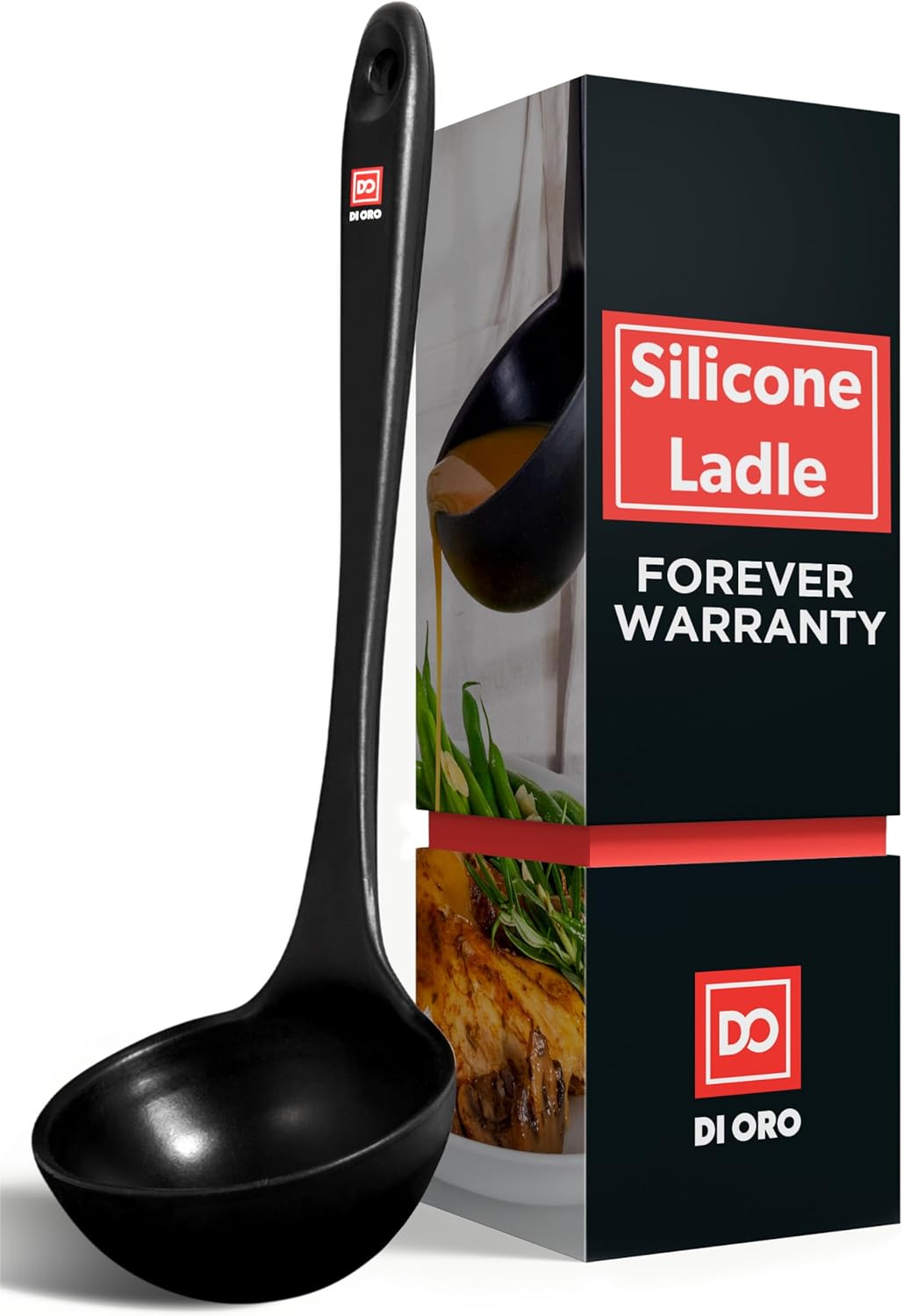 DI ORO Silicone Ladle – Soup Ladle for Cooking & Serving Heat-Resistant - Large Kitchen Soup Ladle Nonstick Cookware Safe - Soup Serving Spoon with Wide Bowl - Silicone Utensil Dishwasher Safe (Black)