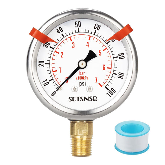 0 to 100 Psi Lead-Free Pressure Gauge, Glycerin Liquid Filled, 2.5 inch Dial, 1/4" NPT Lower Mount, Stainless Steel Case, for Water Pump, Pneumatic Air, Well Tank, RV Hose, Gas, Pressure Test