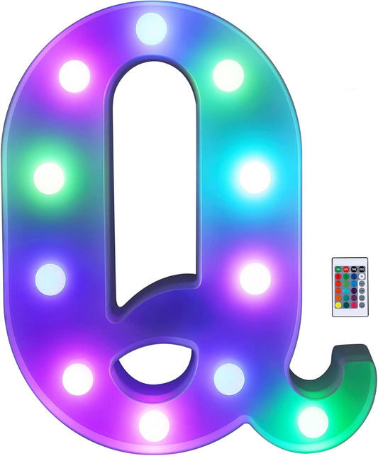 Foaky Colorful LED Letter Lights with Remote,Marquee Light Up Letters Sign for Night Light Wedding/Birthday Party Battery Powered Christmas Lamp Home Bar Decoration(Q)